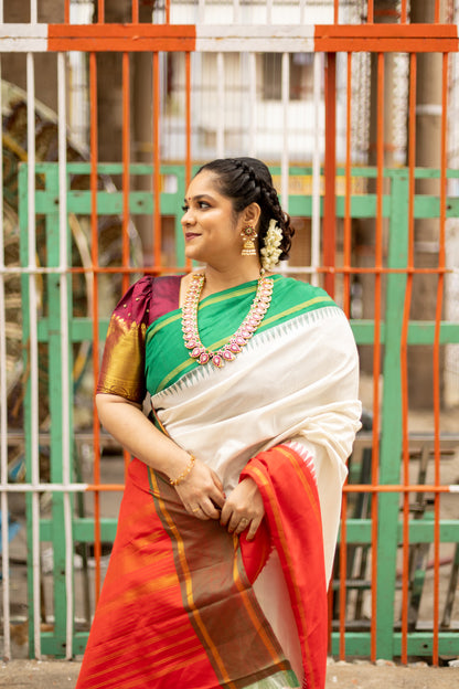 Half white with Orange and Green Ganga Jamuna Border (with Red Pallu)