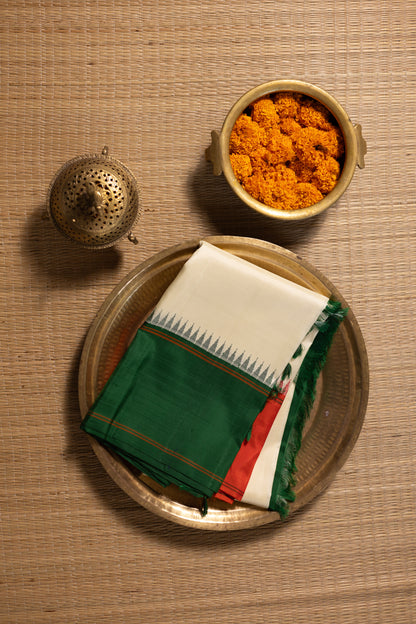 Half white with Orange and Green Ganga Jamuna Border (with Red Pallu)