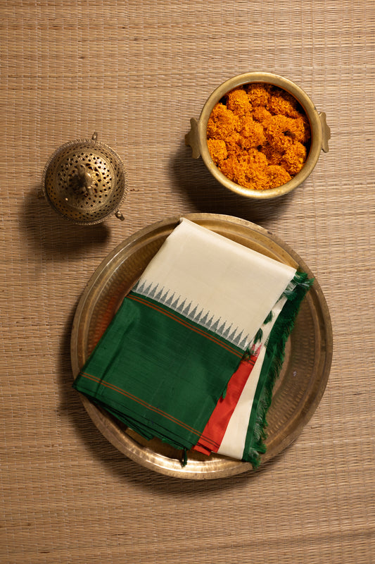 Half white with Orange and Green Ganga Jamuna Border (with Red Pallu)