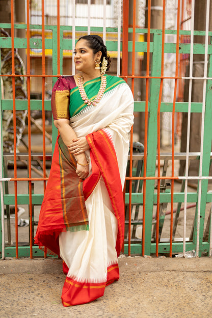 Half white with Orange and Green Ganga Jamuna Border (with Red Pallu)