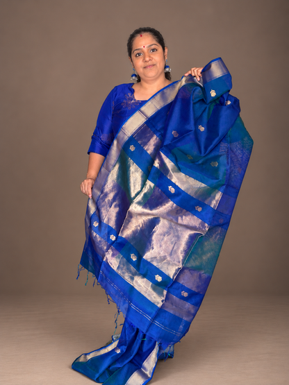 Peacock Blue Maheshwari Silk Cotton with Lotus Bhutta