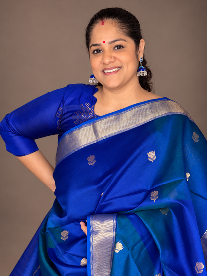 Peacock Blue Maheshwari Silk Cotton with Lotus Bhutta