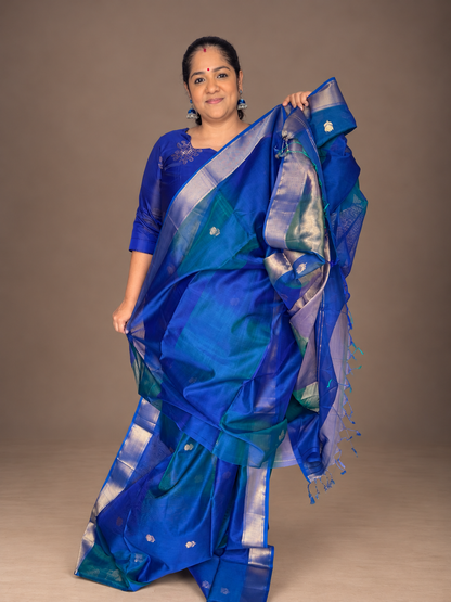 Peacock Blue Maheshwari Silk Cotton with Lotus Bhutta
