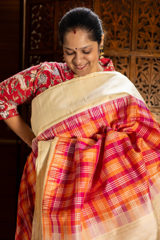 Orange & Pink Plaid Checks with White Korvai Border