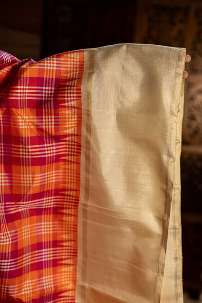Orange & Pink Plaid Checks with White Korvai Border