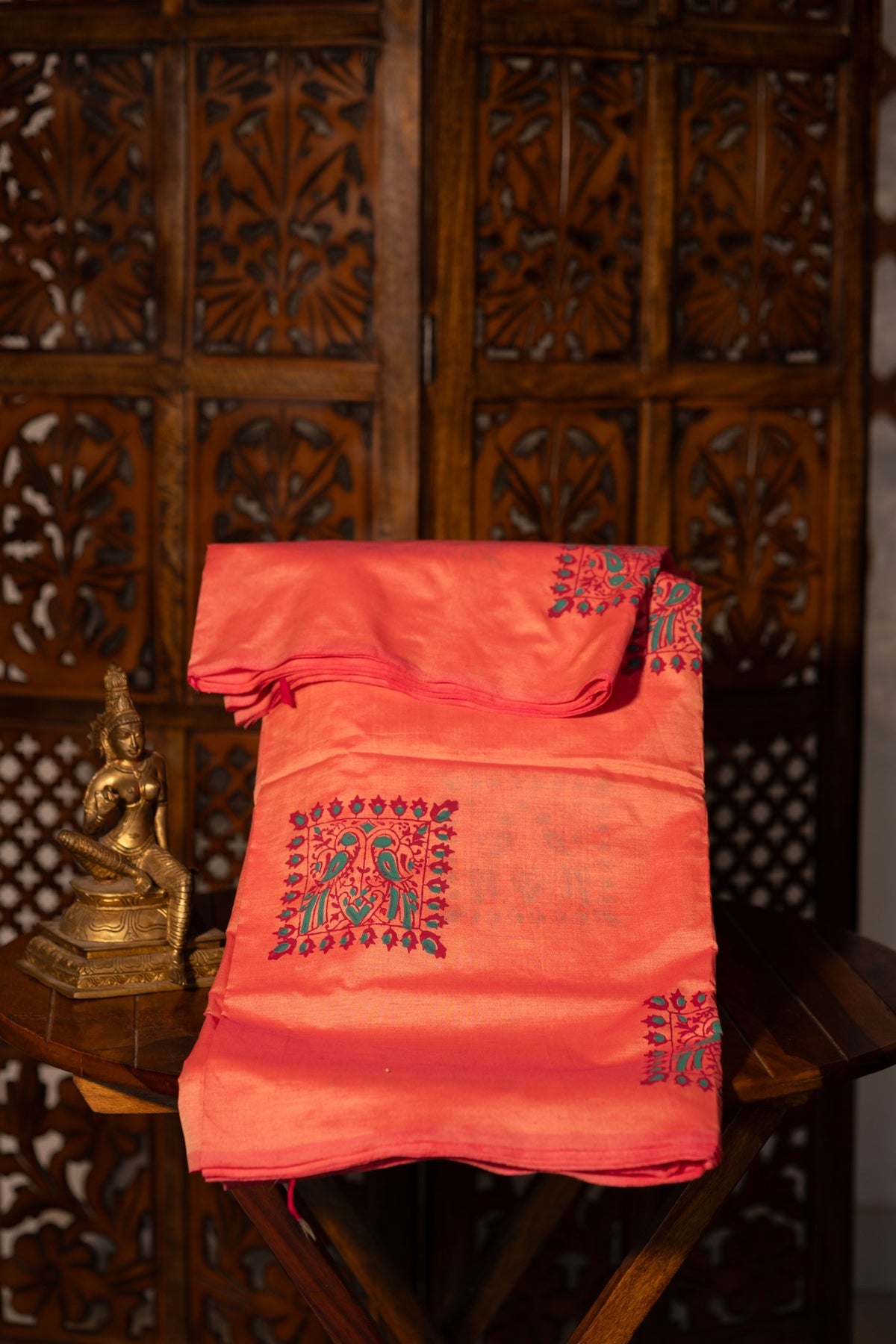 Pastel Peach Printed Semi Silk Cotton Saree – Pairs with Maroon Blouse