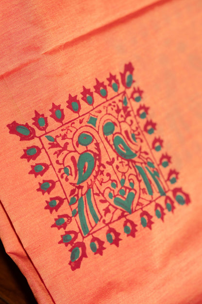 Pastel Peach Printed Semi Silk Cotton Saree – Pairs with Maroon Blouse