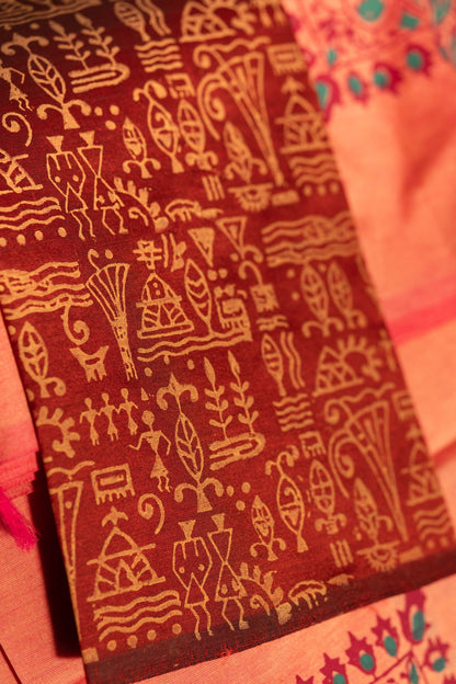Pastel Peach Printed Semi Silk Cotton Saree – Pairs with Maroon Blouse