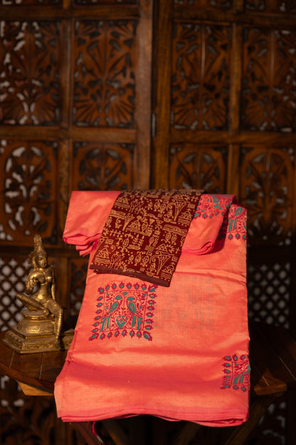 Pastel Peach Printed Semi Silk Cotton Saree – Pairs with Maroon Blouse