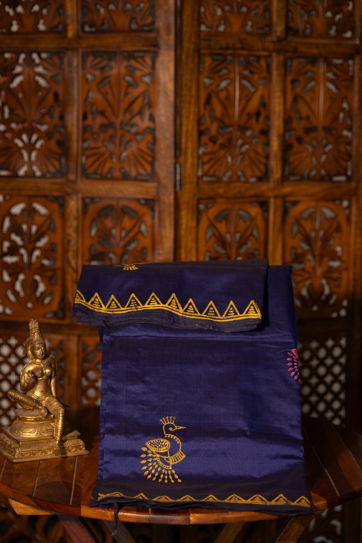 Navy Blue Printed Semi Silk Cotton Saree – Pairs with Rust Orange Blouse
