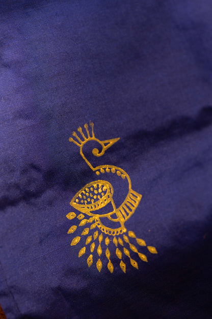 Navy Blue Printed Semi Silk Cotton Saree – Pairs with Rust Orange Blouse