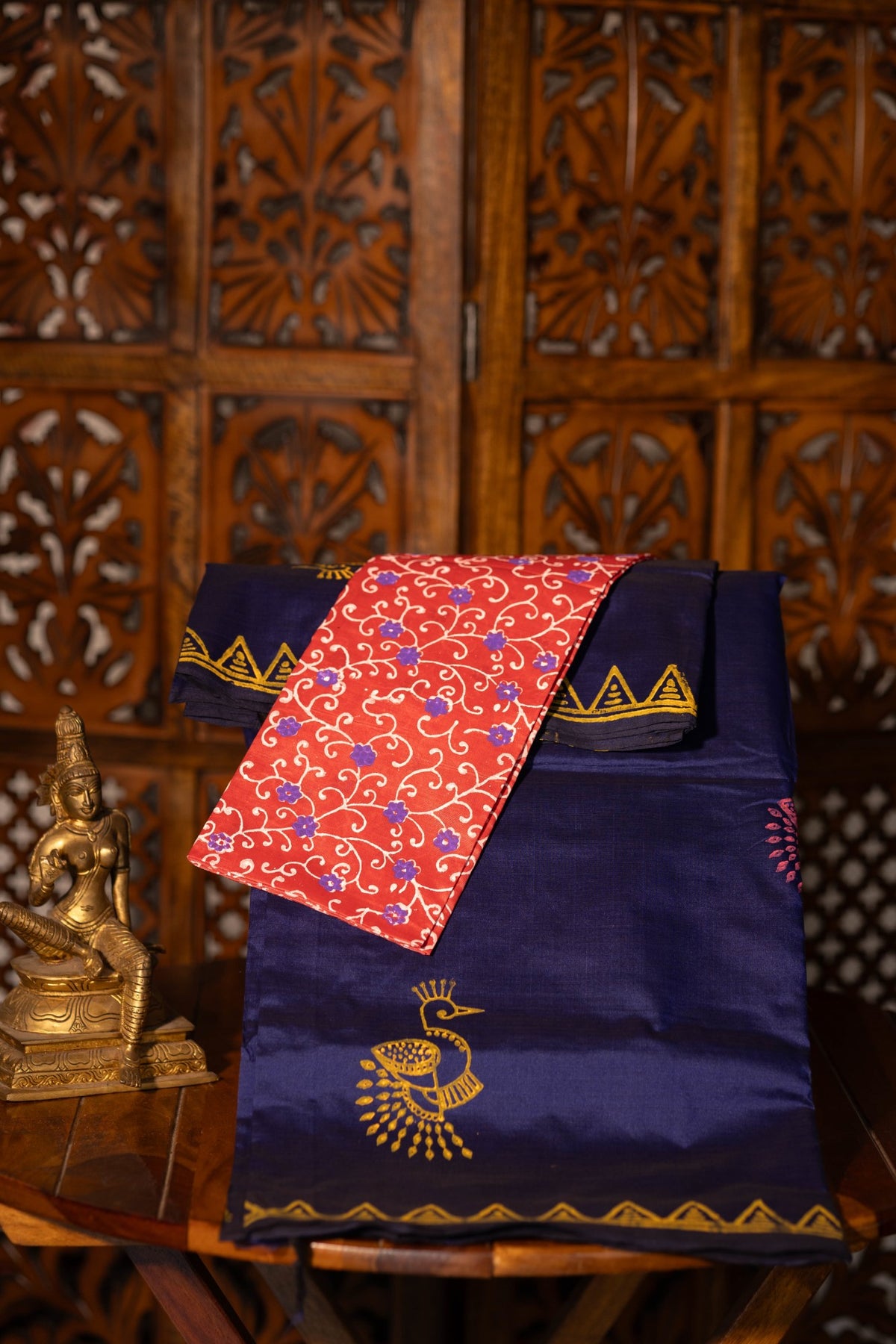 Navy Blue Printed Semi Silk Cotton Saree – Pairs with Rust Orange Blouse