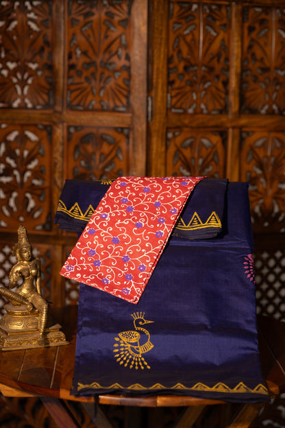Navy Blue Printed Semi Silk Cotton Saree – Pairs with Rust Orange Blouse