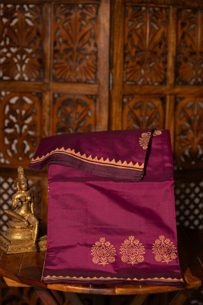 Wine Printed Semi Silk Cotton Saree – Pairs with Sandal Blouse