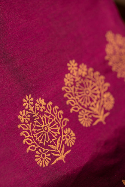 Wine Printed Semi Silk Cotton Saree – Pairs with Sandal Blouse