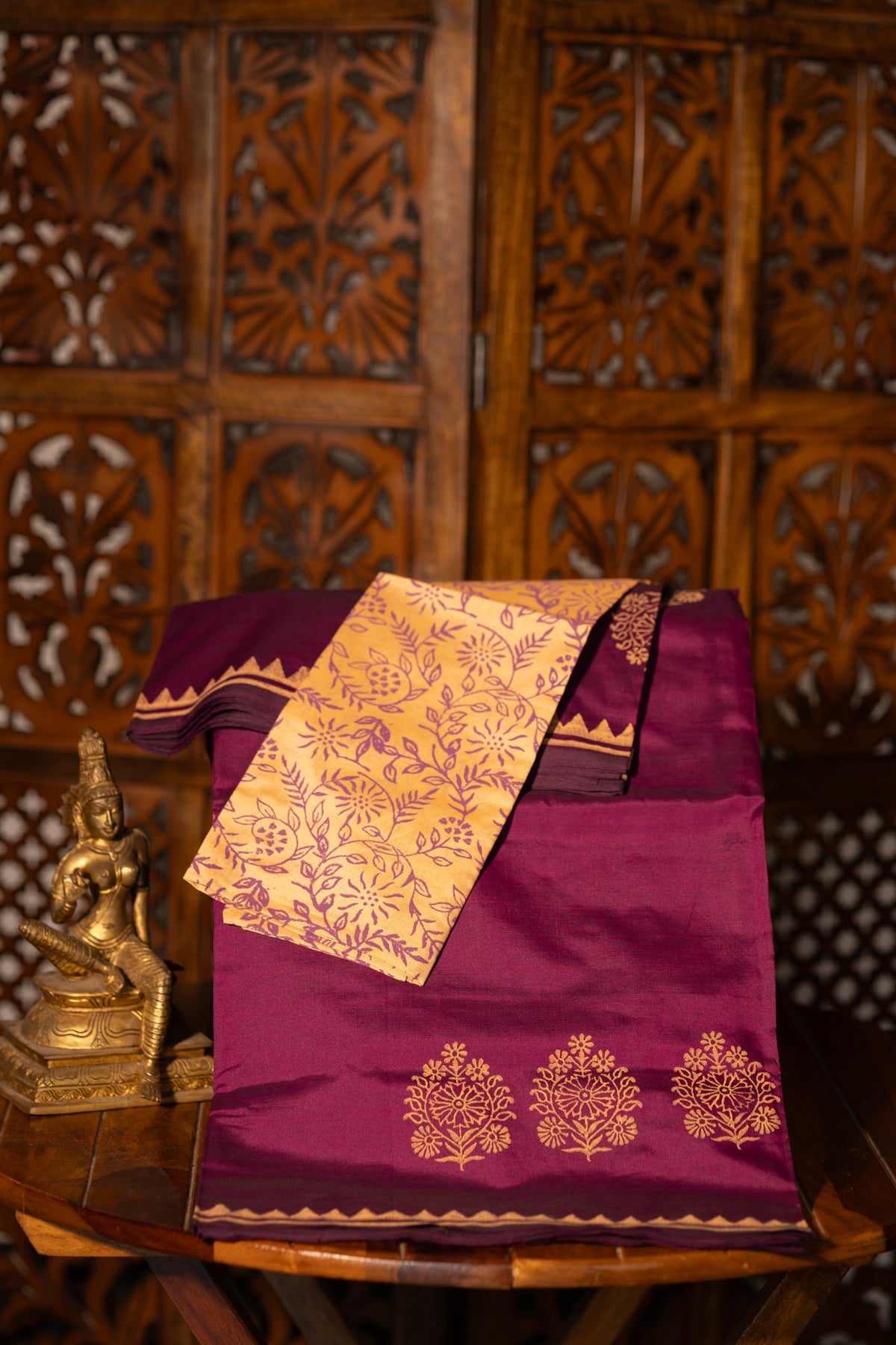 Wine Printed Semi Silk Cotton Saree – Pairs with Sandal Blouse