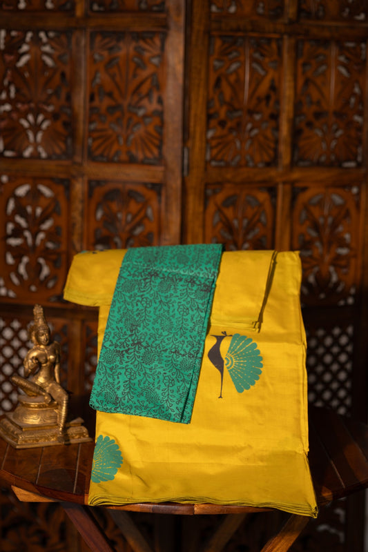 Cardamom Green Printed Semi Silk Cotton Saree with Peacock Motifs – Pairs with Rama Green Blouse