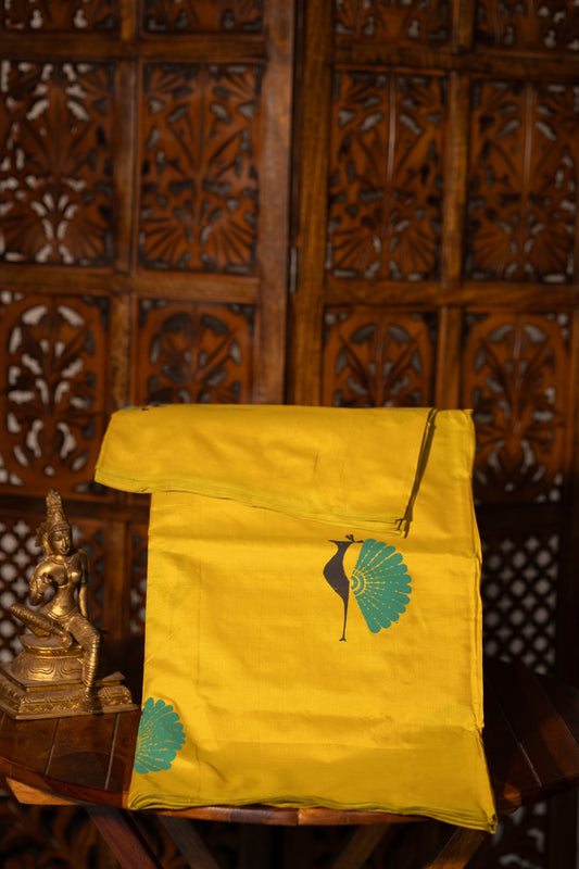 Cardamom Green Printed Semi Silk Cotton Saree with Peacock Motifs – Pairs with Rama Green Blouse