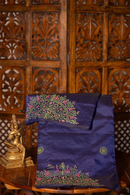 Navy Blue Printed Semi Silk Cotton Saree – Pairs with Pachai Green Blouse