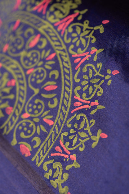 Navy Blue Printed Semi Silk Cotton Saree – Pairs with Pachai Green Blouse