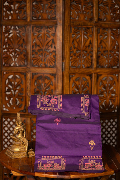 Violet Printed Semi Silk Cotton Saree – Pairs with Pink Blouse