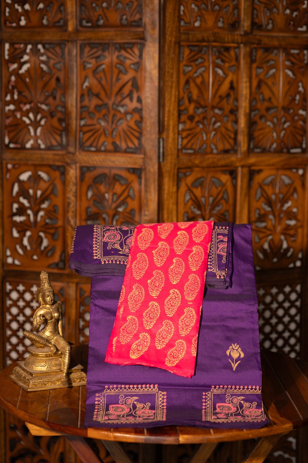 Violet Printed Semi Silk Cotton Saree – Pairs with Pink Blouse