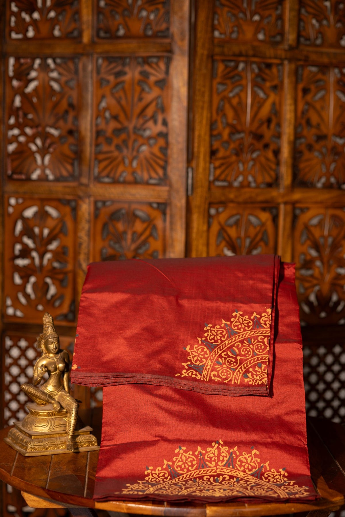Maroon Printed Semi Silk Cotton Saree – Pairs with Black Blouse