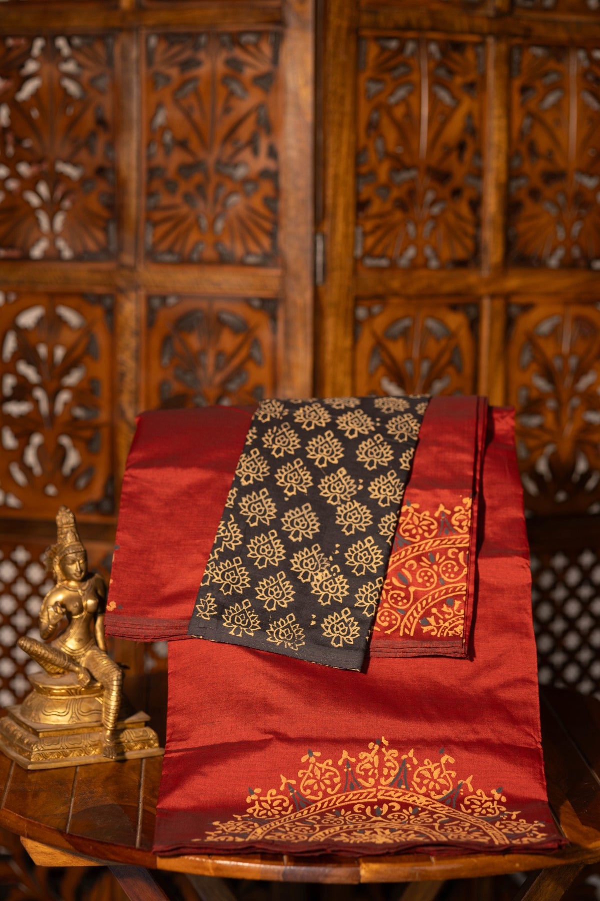 Maroon Printed Semi Silk Cotton Saree – Pairs with Black Blouse