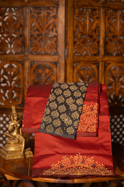 Maroon Printed Semi Silk Cotton Saree – Pairs with Black Blouse