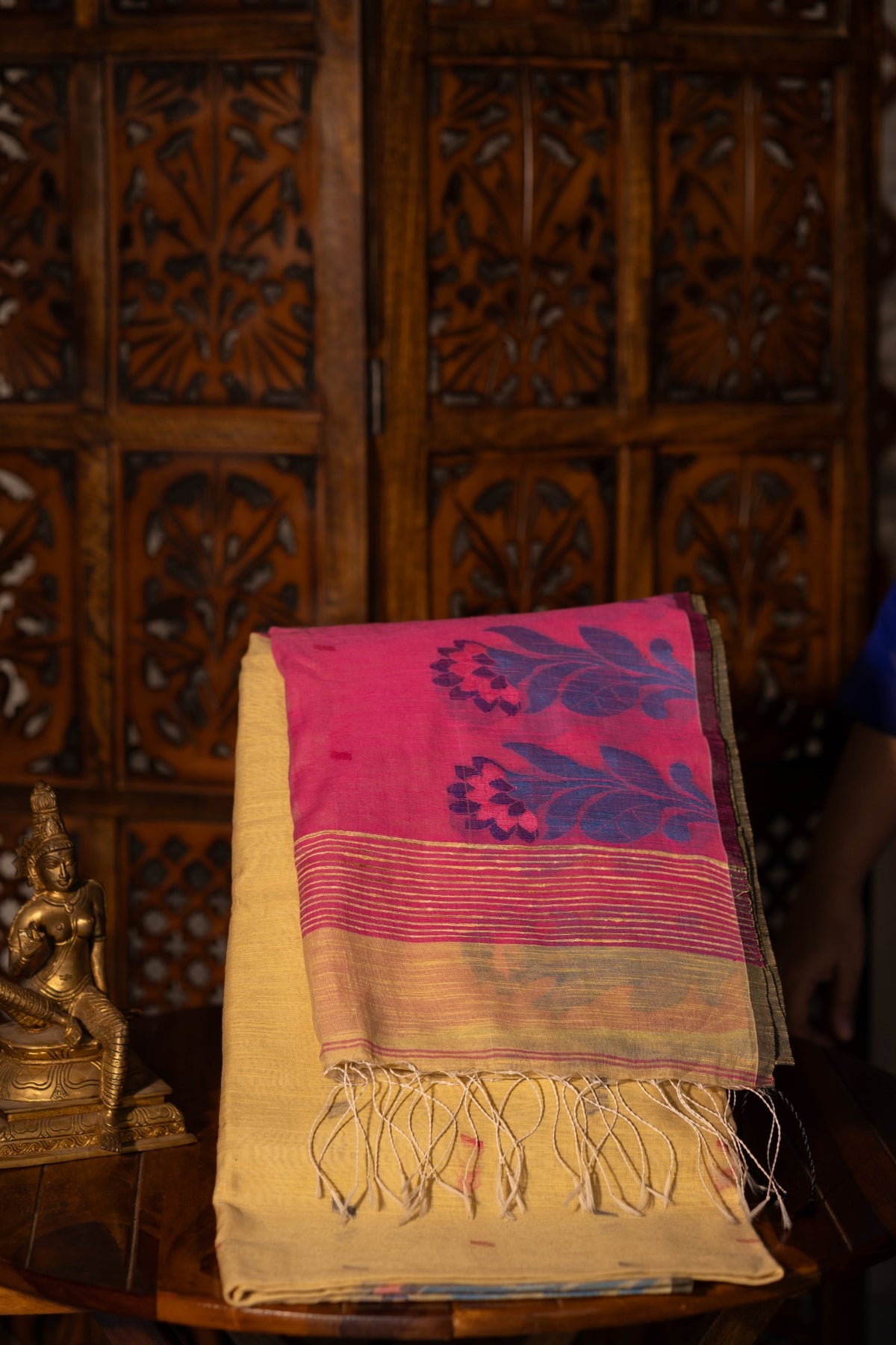 Sandal Mixed Cotton Saree with Dark Pink Contrast & Stripe Buttas