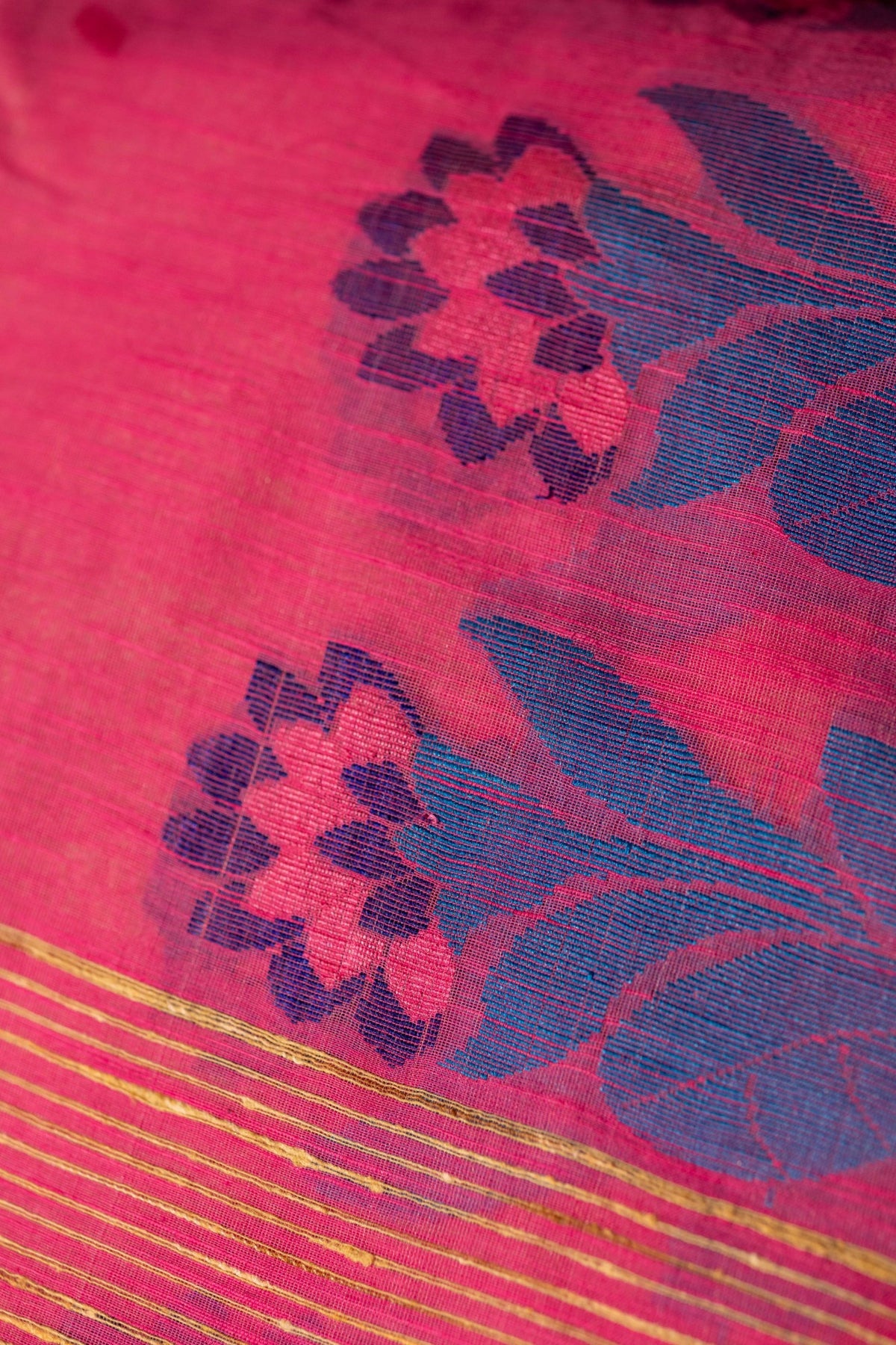 Sandal Mixed Cotton Saree with Dark Pink Contrast & Stripe Buttas