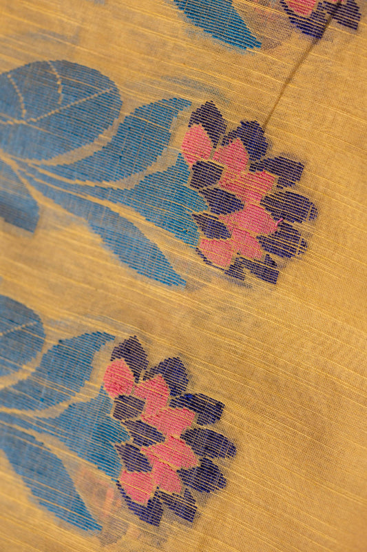Sandal Mixed Cotton Saree with Dark Pink Contrast & Stripe Buttas