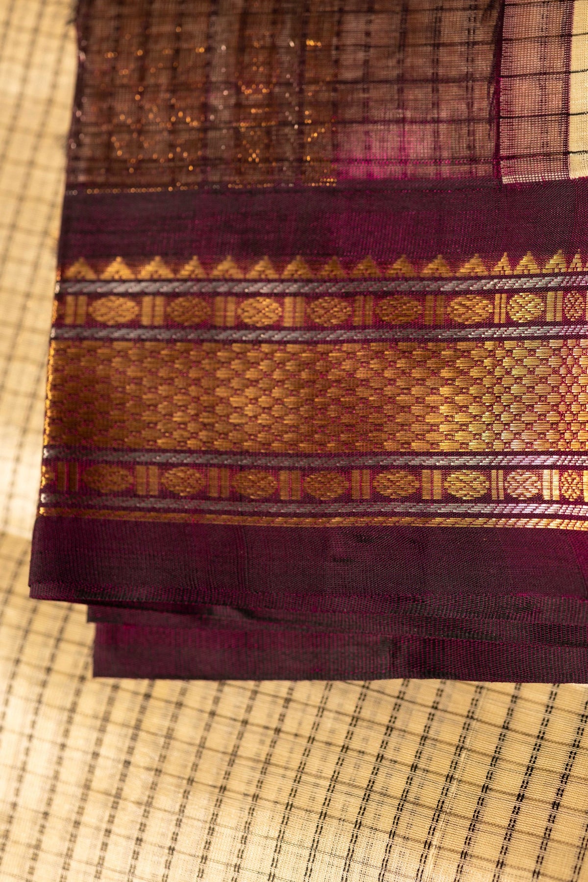 Vintage Koorai Kattam Silk Cotton- Off White & Purple