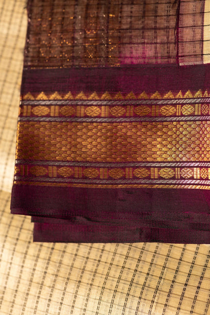 Vintage Koorai Kattam Silk Cotton- Off White & Purple