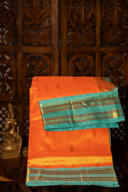 Sunset Orange with Aqua Blue Korvai Silk Cotton