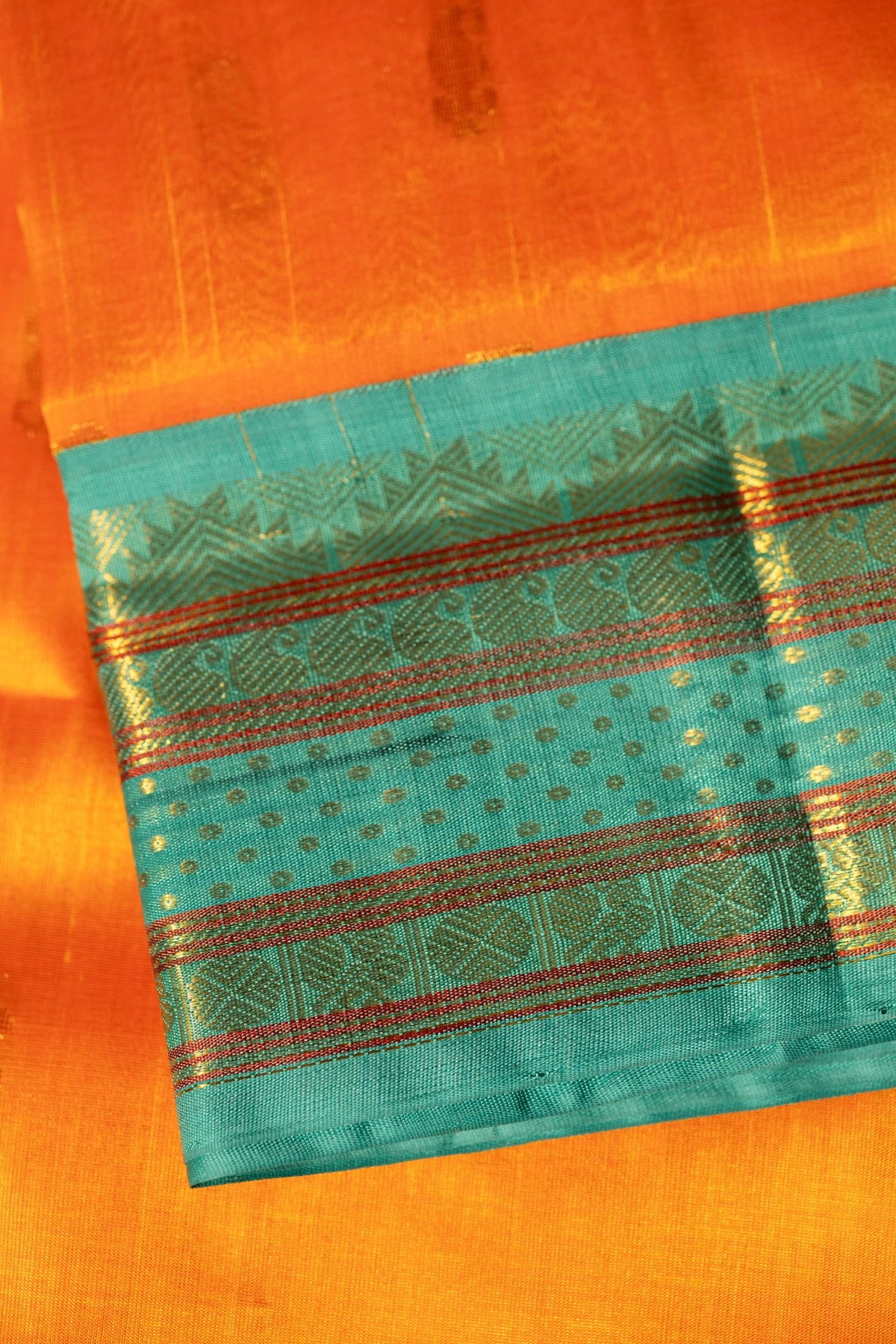 Sunset Orange with Aqua Blue Korvai Silk Cotton