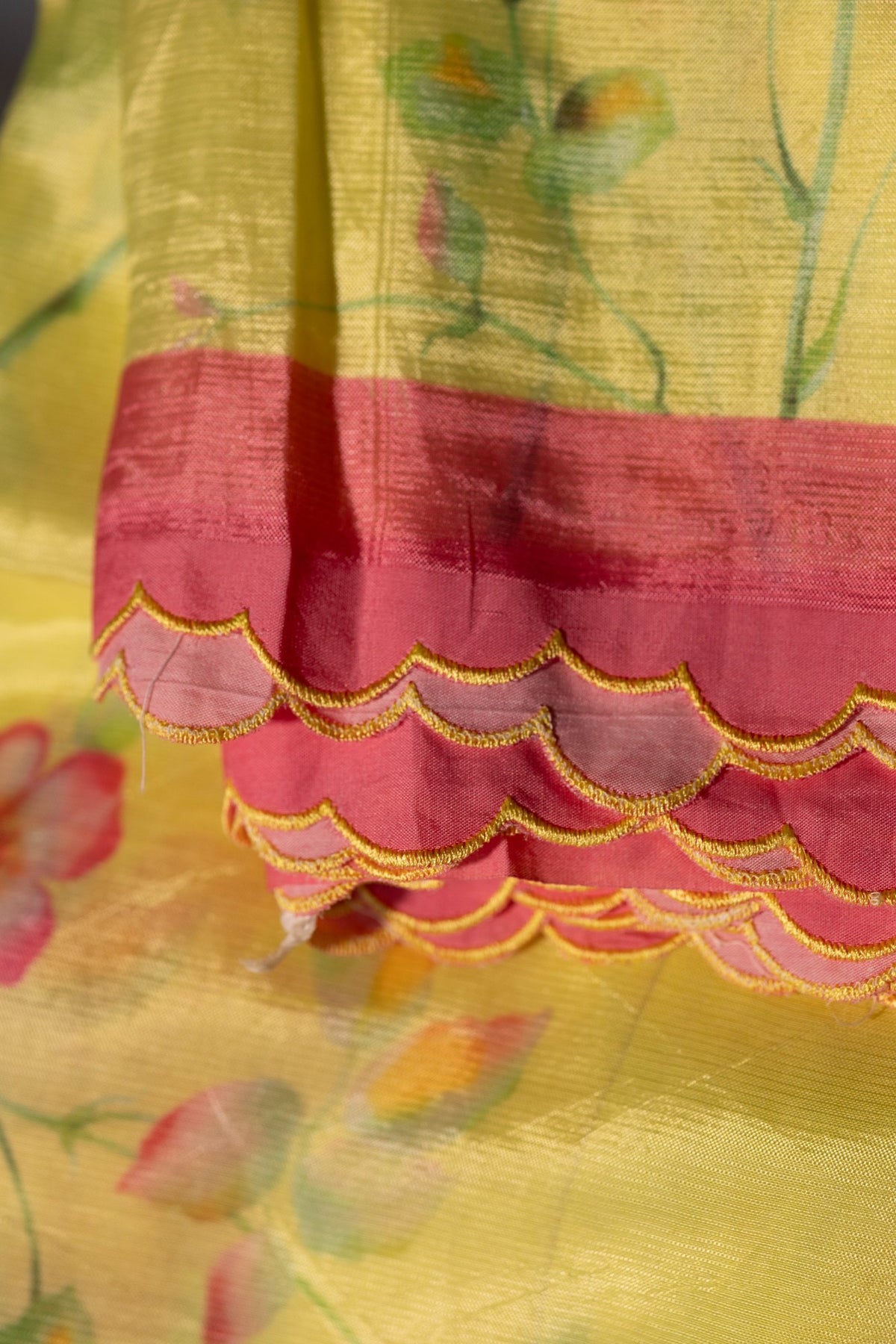 Mangalgiri Garden Saree - Lemon Yellow Floral with Pink