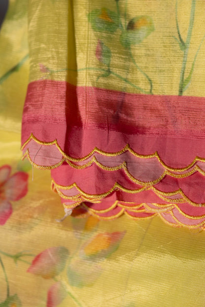 Mangalgiri Garden Saree - Lemon Yellow Floral with Pink
