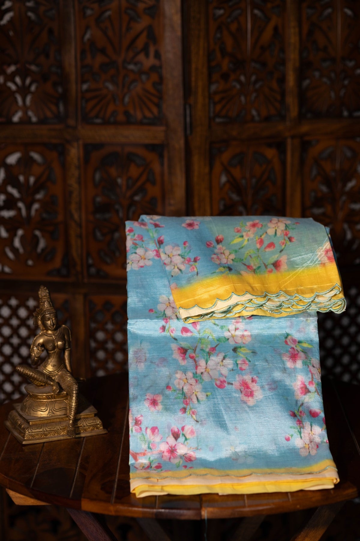 Mangalgiri Garden Saree - Sky  Blue with Yellow