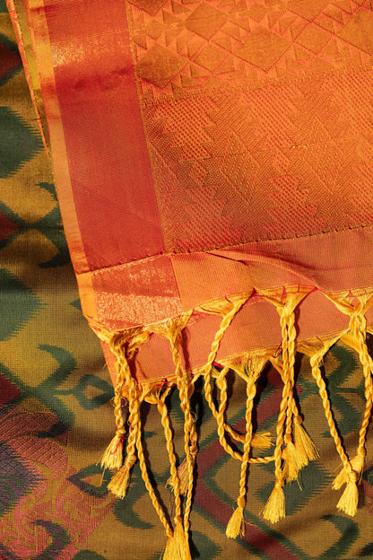 Pochampally printed Semi Soft Silk Saree -Dual Shade Green with Orange