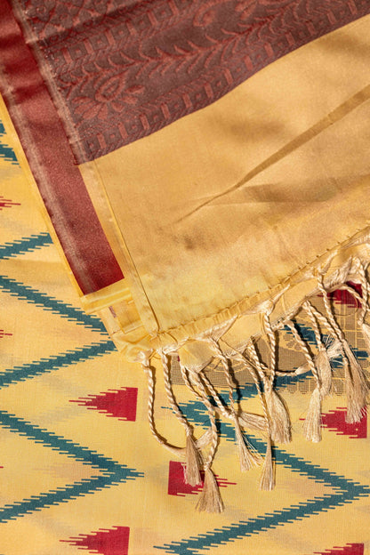 Pochampally printed Semi Soft Silk Saree -Half White with Metallic Grey