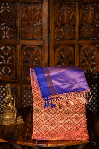Pochampally printed Semi Soft Silk Saree -Peach with Purple