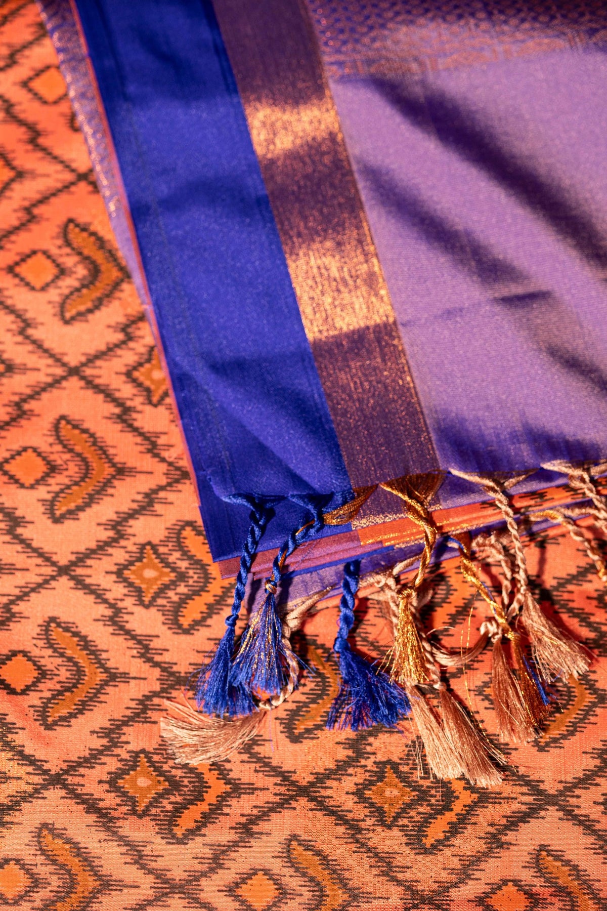 Pochampally printed Semi Soft Silk Saree -Peach with Purple