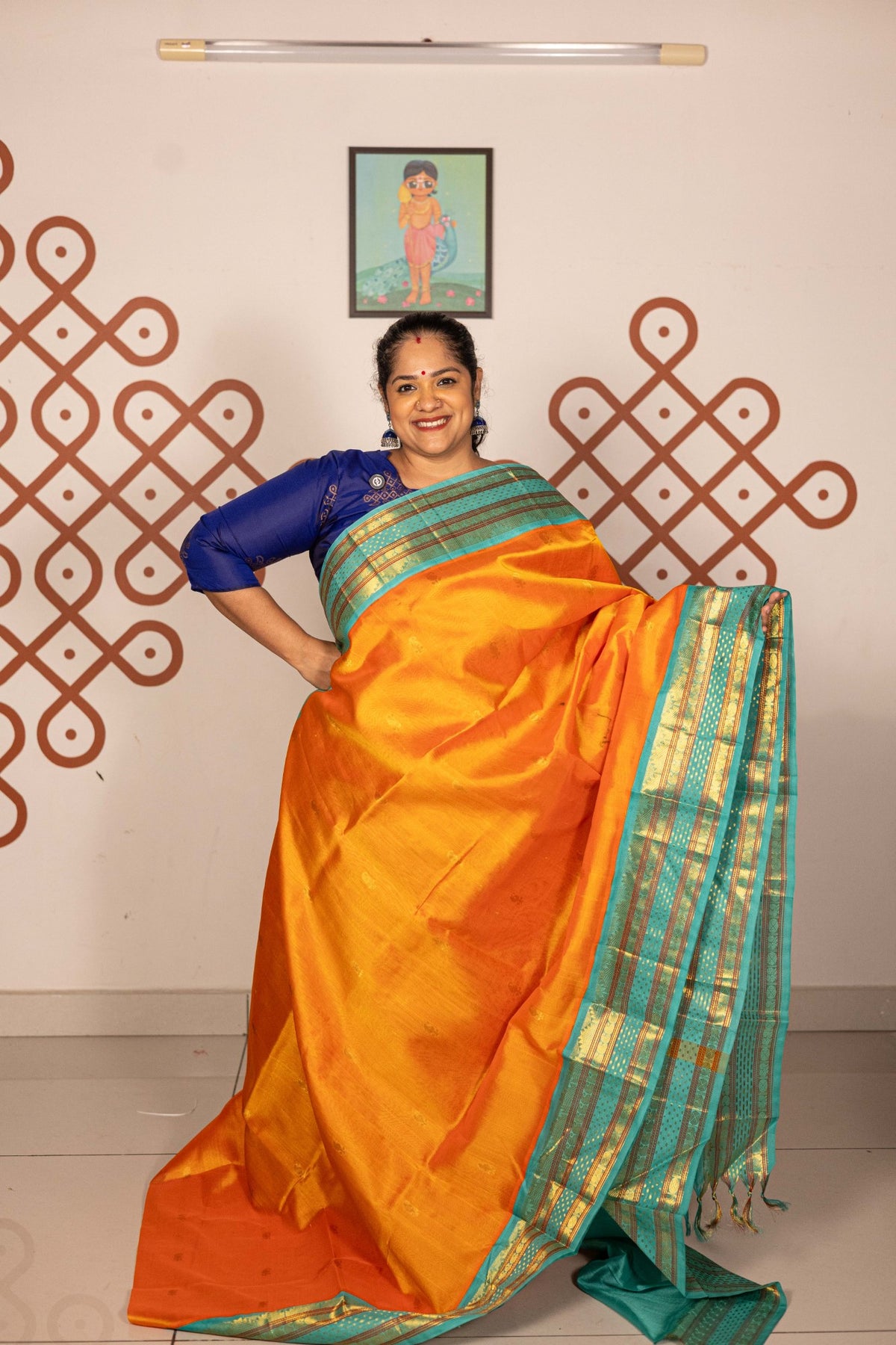 Sunset Orange with Aqua Blue Korvai Silk Cotton