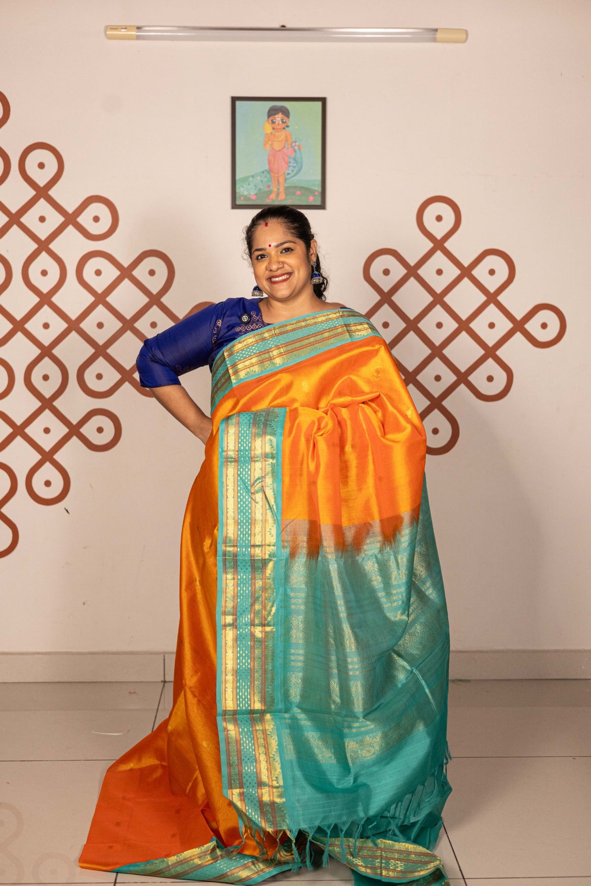Sunset Orange with Aqua Blue Korvai Silk Cotton
