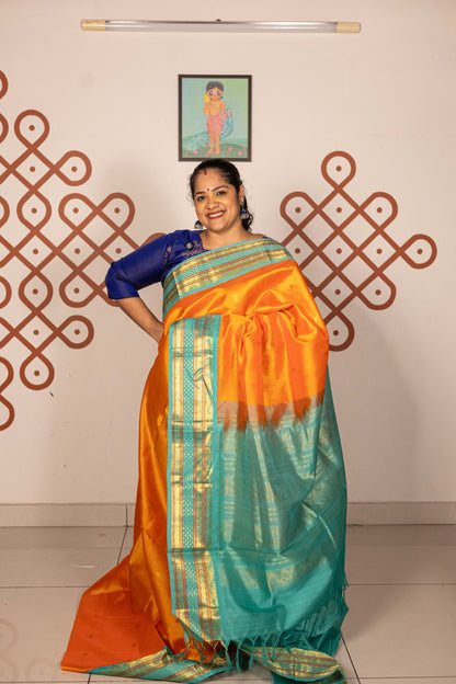 Sunset Orange with Aqua Blue Korvai Silk Cotton