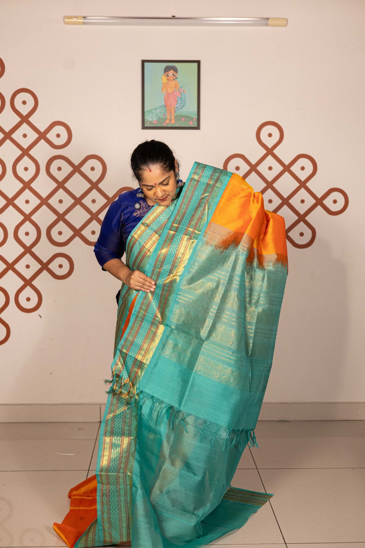 Sunset Orange with Aqua Blue Korvai Silk Cotton