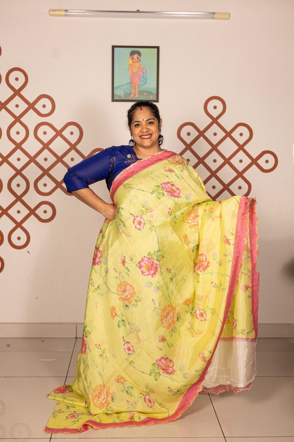 Mangalgiri Garden Saree - Lemon Yellow Floral with Pink