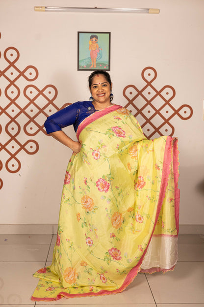 Mangalgiri Garden Saree - Lemon Yellow Floral with Pink