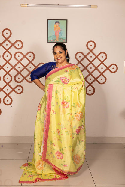 Mangalgiri Garden Saree - Lemon Yellow Floral with Pink